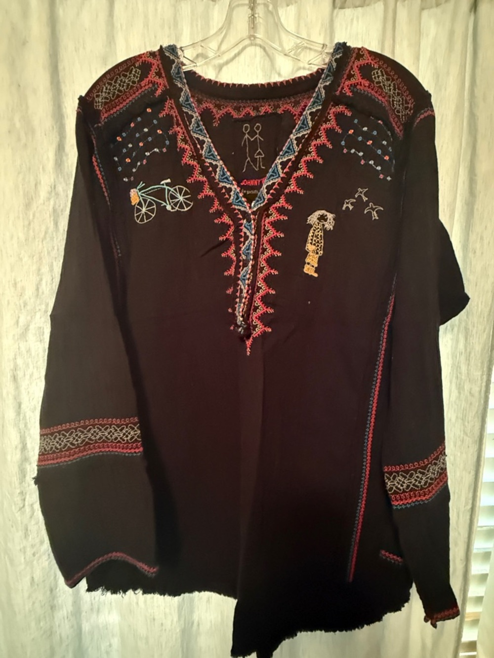 Johnny Was Black Embroidered V-Neck Tunic with Red and Blue Accents